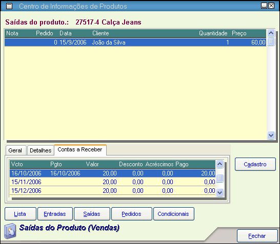 Menus 78 7. Saídas: aqui aparecerão todas as saídas (vendas) feitas do produto selecionado. Veja a tela: Ela funciona da mesma forma que a tela do botão Entradas.