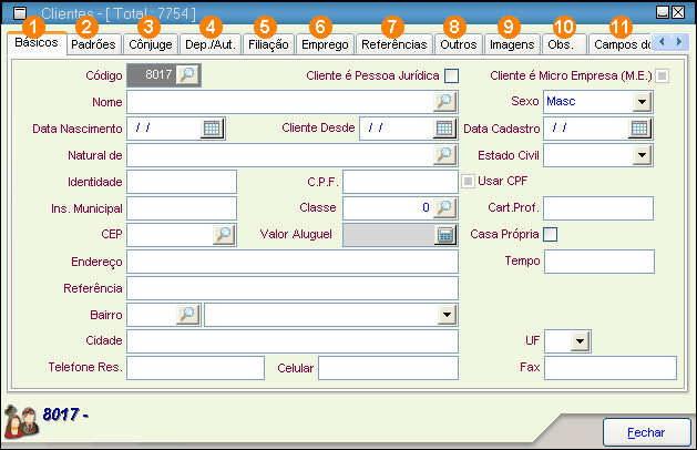 Menus 80 10.1.11.1.2 Física Se o cliente cadastrado for Pessoa Física, a tela que você verá é a seguinte: Para cadastrar um cliente, clique no sinal de mais (+) da Barra de Navegação. 1. Básicos: nessa guia você terá todas as informações mais importantes relacionadas ao cliente.