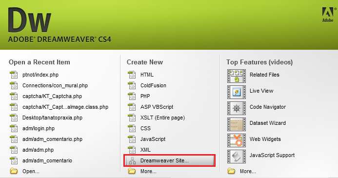 Você pode observar também que o Dreamweaver cria uma pasta chamada Connections e dentro desta