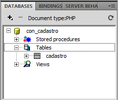 de Dados. Observe também no painel Databases a estrutura com a tabela criada.