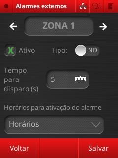 Horário: indica em quais intervalos de horário o alarme estará ativo (ex: o alarme só dispara aos finais de semana das 8 às 18 horas).