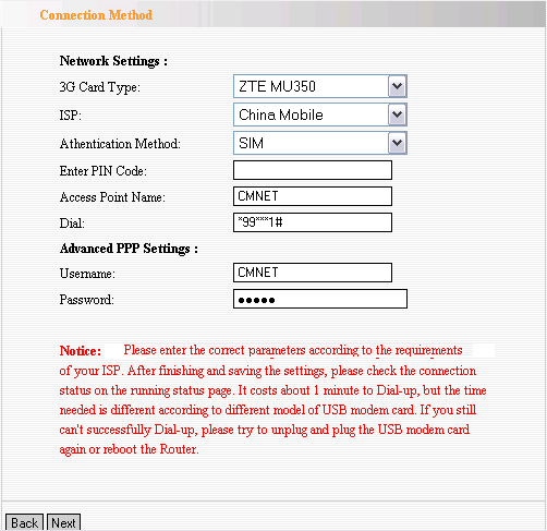 Em "Router 3G" modo, clique em "Setup Wizard" na coluna da esquerda e clique em "Avançar". O método de conexão oferecida 4.1.3 Configure Primeiro, selecione o tipo de cartão 3G.