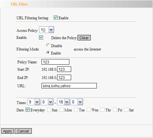 URL Filter: Marque para habilitar filtro de URL. Política de Acesso: Selecione um número a partir do menu drop-down. Ativar: Selecione para ativar a diretiva de acesso.