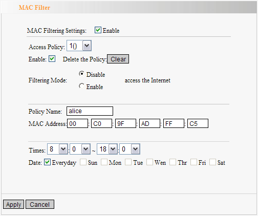 MAC Address Filter: Marque para habilitar filtro de endereços MAC. Política de Acesso: Selecione um número a partir do menu drop-down. Ativar: Selecione para ativar a diretiva de acesso.