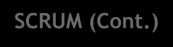 SCRUM (Cont.) As funcionalidades a serem implementadas em um projeto são mantidas em uma lista que é conhecida como Product Backlog.