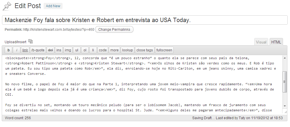 Feito isso, coloque o texto que você vai postar depois do <blockquote>, e destaque as palavras do mesmo jeito que destacamos na introdução, além disso, selecione todas as citações e aperte o botão i,