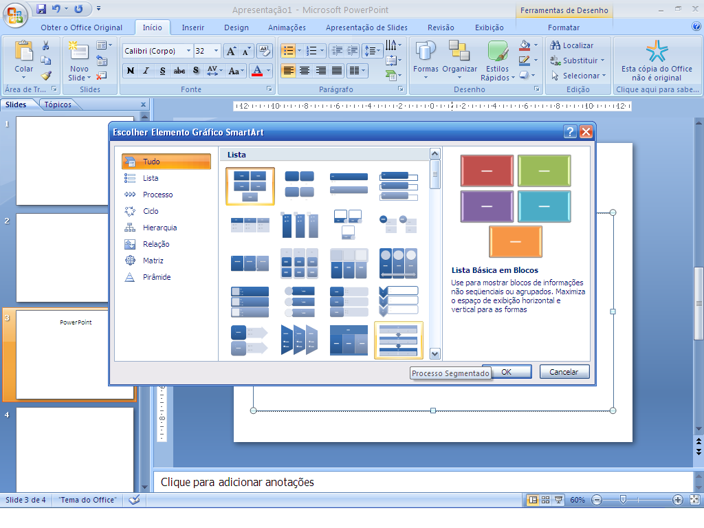 Inserindo Elemento SmartArt Ao clicar em lllllll o usuário terá a opção de dinamizar se us slides.