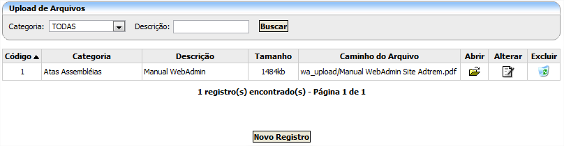 A coluna Caminho do Arquivo mostra a url do arquivo para que seja inserida no site, em alguma noticia ou pagina.