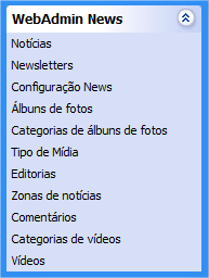 Menu WebAdmin News: Notícias: Listagem, pesquisa, edição, exclusão e visualização de notícias. Newsletter: Criação, gerenciamento e envio de newsletters.