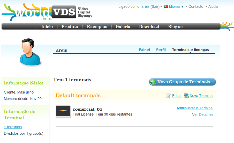 Após o utilizador criar o terminal no website WorldVDS o mesmo aparece desde logo no ecrã licenciado para 30