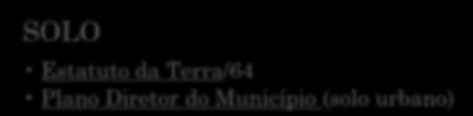 TEMAS ESPECÍFICOS DA LEGISLAÇÃO AMBIENTAL ÁGUA Lei de Recursos Hídricos (Nº 9433/97) Substituta do código das águas de 1934 Resoluções CONAMA