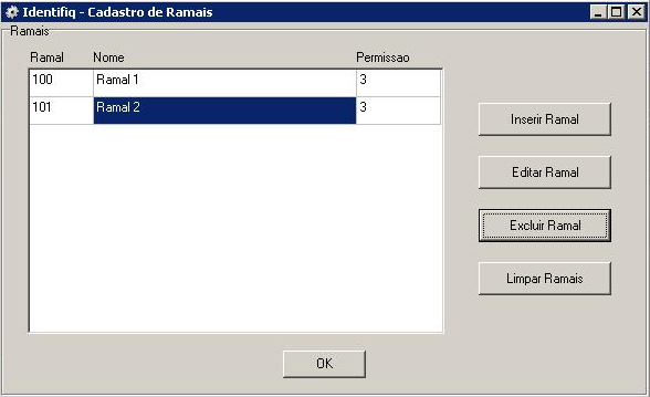 4 Configurando o Identifiq 5.0 Server Clicar no menu de Configuração Cadastro de Ramais. Nesta tela será necessário adicionar todos os ramais que serão monitorados pelo Identifiq 5.