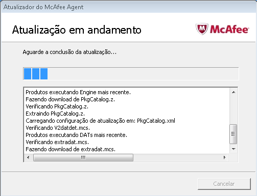 i) Na janela McAfee Agent clicar no botão OK. j) Na bandeja do sistema surgirá o ícone do McAfee Agent indicando a instalação. k) Efetuar atualização.