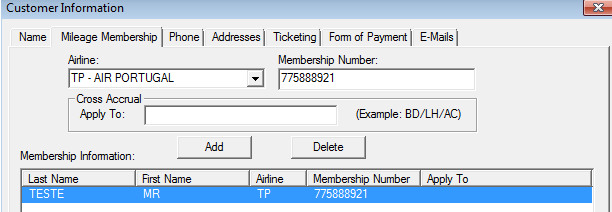 Mileage Membership Booking File Campos Opcionais - Mileage Membership Para inserir o número de um cartão Mileage Membership, terá de ter o cuidado de verificar se o nome constante do cartão