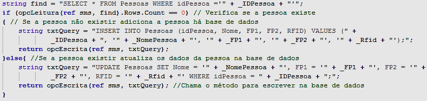 3 Parte pratica: Interface Figura 3-15: Excerto do código do método "ListaPessoas " Figura 3-16: Excerto do código do método ListaRegisto Os métodos GravarPessoa (Figura 3-17) e gravarregisto são