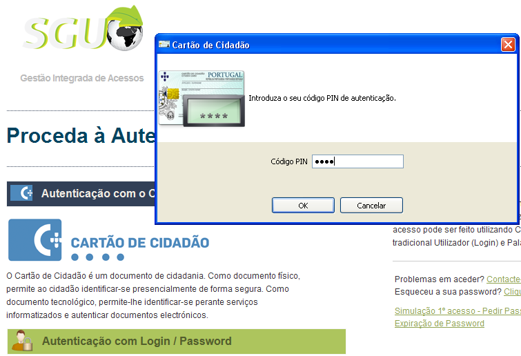 O Utilizador deverá então introduzir o seu Cartão de Cidadão na ranhura do leitor de cartões. Ser-lhe-á pedido, em seguida, o código PIN de autenticação.