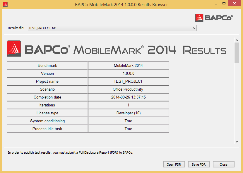 Após a conclusão bem-sucedida de um projeto, o MobileMark 2014 inicia o navegador de resultados e carrega o Relatório de Divulgação Completa (FDR, Full