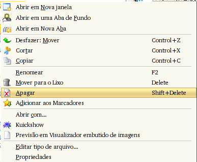 Figura 2.31: Para cortar arquivos Em seguida vá até o diretório de destino, clique com o botão direito sobre a área livre da tela do Konqueror e selecione o item paste (colar). Figura 2.