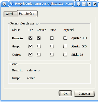 Figura 2.40: Propriedades de arquivo Na opção Permissões, você poderá alterar as permissões de acesso ao arquivo. Figura 2.41: Propriedades de Arquivo 2.