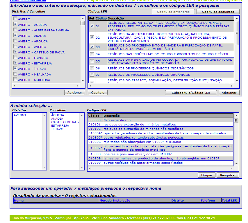 Figura 21- Apresentação de critério de selecção por distritos, concelhos e códigos LER (http://www.apambiente.pt/silogr/pages/pesquisarler.