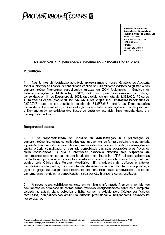 RELATÓRIO DE AUDITORIA ELABORADO POR AUDITOR REGISTADO NA CMVM ZON