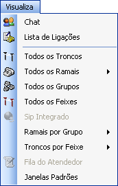 10.3 Operações pelo MesaMP Visualiza Modo de visualização da janela do MesaMP, onde você escolhe as janelas para monitoração de Ramais, grupos, feixes, fila de atendimento e