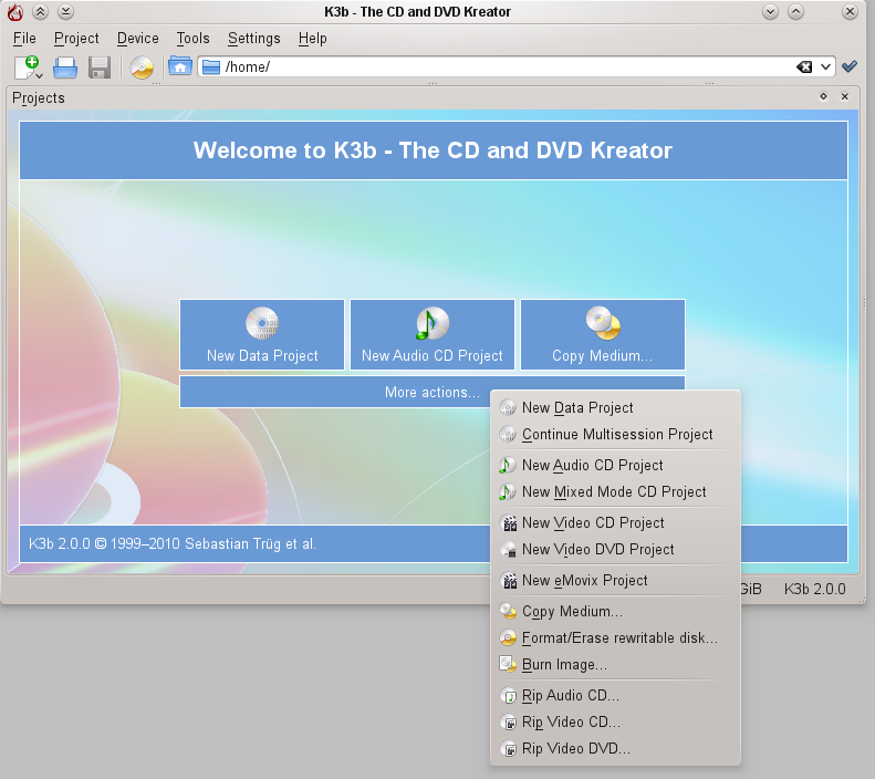 Capítulo 3 Configurando a interface do usuário Depois de iniciar o K3b, serão oferecidas introduções rápidas para os três processos mais populares Novo projeto de dados Novo projeto de CD de áudio