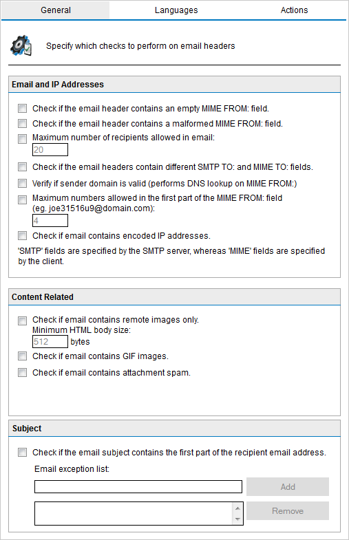 Screenshot 76: Opções de verificação de cabeçalho 2. Habilite, desabilite ou configure os parâmetros a seguir.