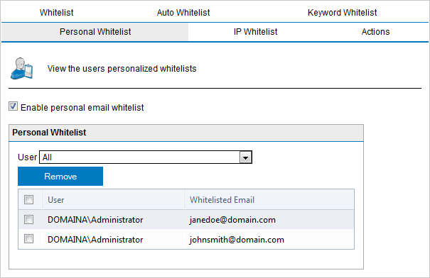 Screenshot 81: Lista de permissão pessoal 2. Selecione a guia Personal Whitelist e marque ou desmarque Enable personal email whitelist para ativar ou desativar o recurso de lista de permissão. 3.