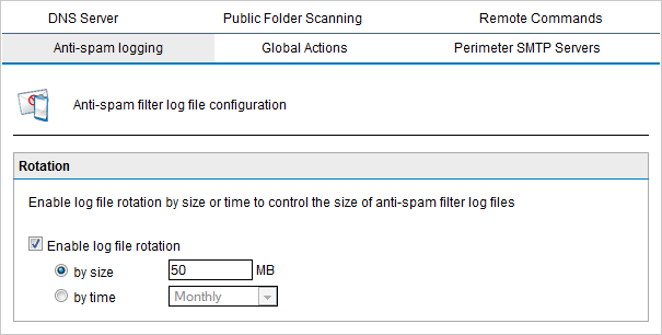 Para ativar a rotação do arquivo de registro: 1. Acesse Anti-Spam > Anti-Spam Settings. Screenshot 90: Rotação do arquivo de registro 2.