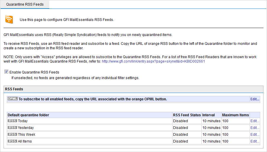 Screenshot 116: Feeds RSS de quarentena 2. Marque a caixa de seleção Enable Quarantine RSS Feeds. 3.