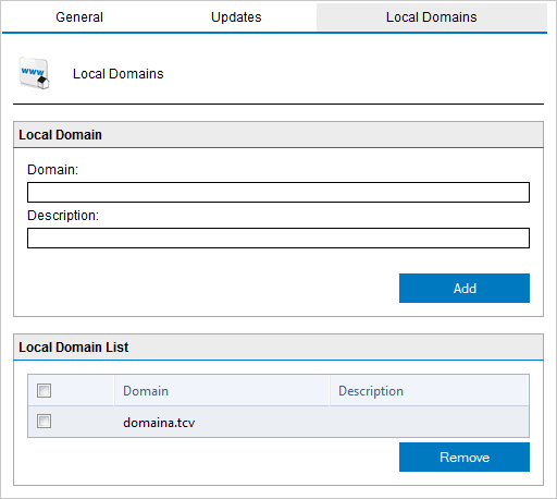 10.4 Domínio local Screenshot 131: Lista de Domínios locais O GFI MailEssentials requer a lista de domínios locais a serem habilitados para distinguir entre emails de entrada, saída ou internos.