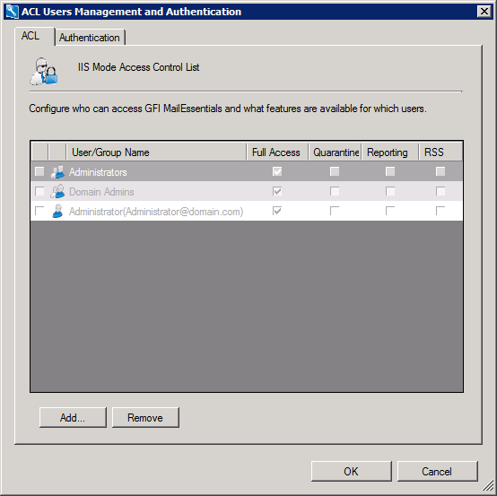 Screenshot 137: IIS Security - Guia ACL 3. Clique em Add... e forneça o nome do usuário ou grupo que deseja adicionar à lista. 4. Selecione o tipo de acesso que deve ser concedido.