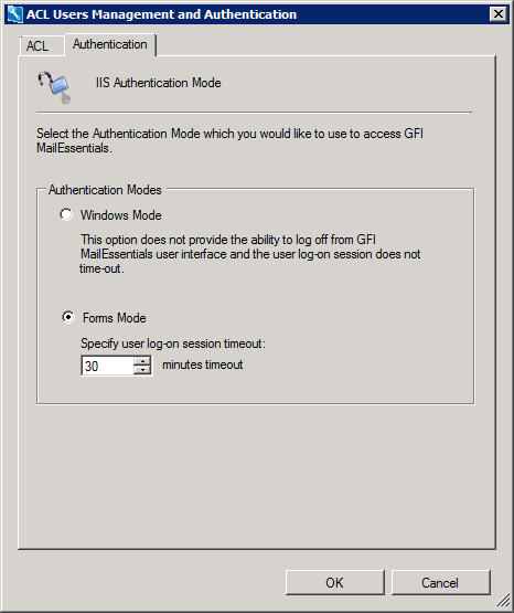 1. Para carregar o Menu de controle, clique em Iniciar > Programas > GFI MailEssentials > Switchboard. 2. Selecione a guia UI Mode. Clique em IIS Mode e selecione Security. 3.