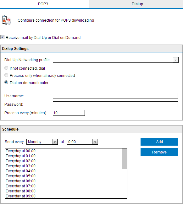 Screenshot 142: Opções de discagem 3. Selecione um perfil de rede dial-up e configure um nome de usuário e senha.