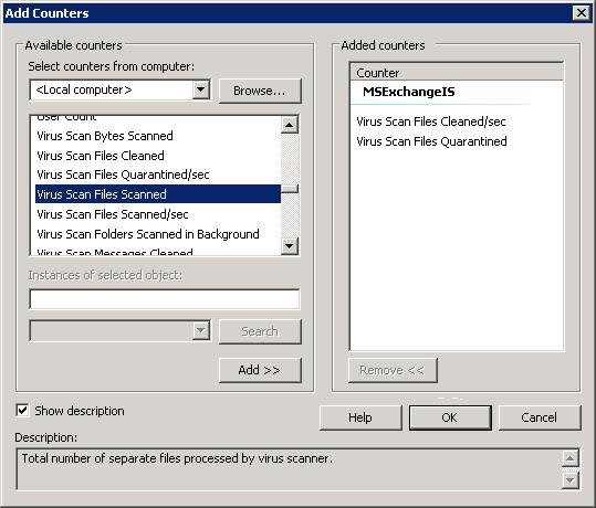 Screenshot 149: Adicionar contadores do monitor de desempenho VSAPI no Windows 2008 Server 4. Na lista suspensa Select counters from computer, selecione o computador a ser monitorado. 5.