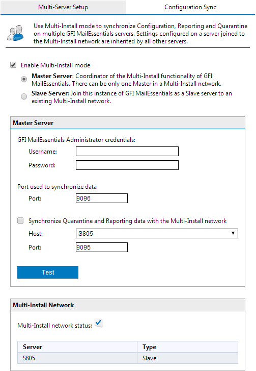 2. Selecione a opção Enable Multi-Install mode e escolha Master Server. 3. Digite as credenciais de administrador do GFI MailEssentials.