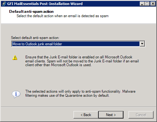 Screenshot 18: Como selecionar a ação padrão anti-spam a ser usada 6. No diálogo Default anti-spam action, selecione a ação padrão a ser tomada quando emails forem detectados como spam.