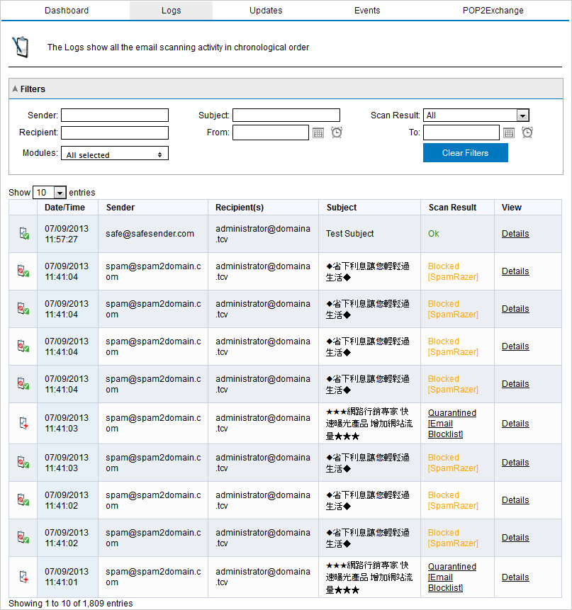 4.1.2 Registros de processamento de email Screenshot 25: Registros de processamento de email Em GFI MailEssentials Configuration, você pode monitorar todos os emails processados em tempo real.