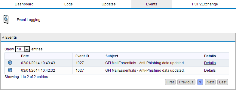 4.1.4 Logs de eventos Screenshot 28: Logs de eventos Em Configuração do GFI MailEssentials, você pode monitorar eventos importantes relacionados à funcionalidade do GFI MailEssentials.