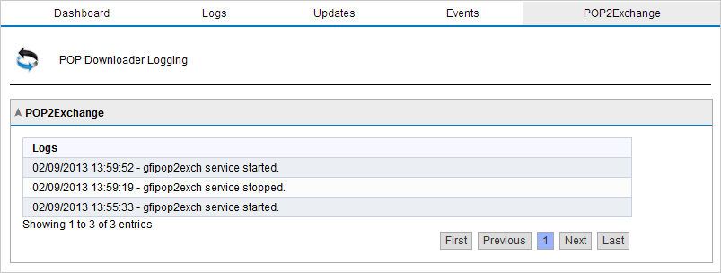 4.1.5 Atividade do POP2Exchange Screenshot 29: Registro POP2Exchange No GFI MailEssentials, você pode monitorar a atividade de POP2Exchange em tempo real.