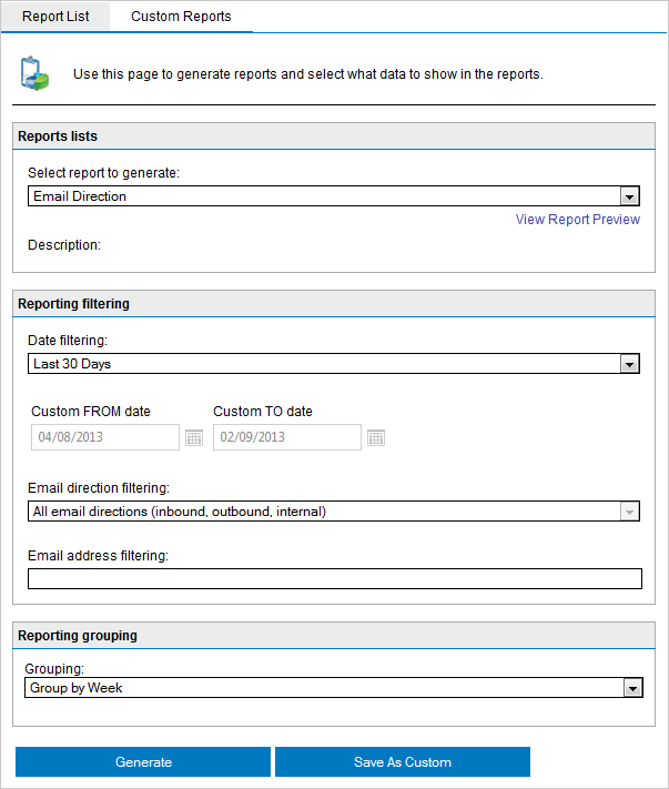 Acesse o nó Reporting > Settings e marque ou desmarque Enable Reporting para habilitar ou desabilitar a geração de relatórios, respectivamente. 4.2.2 Gerar um relatório 1.