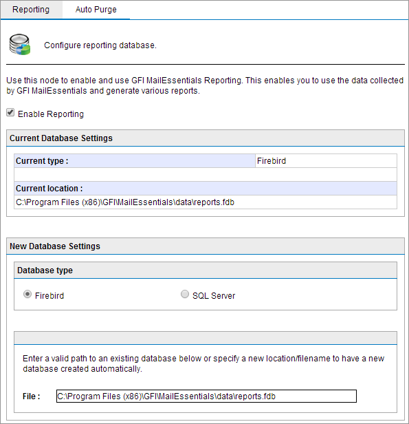 Configurar um back-end do banco de dados Firebird Screenshot 34: Configurar um back-end do banco de dados Firebird 1. Acesse Reporting > Settings. 2. Selecione Firebird. 3. Digite o caminho completo, incluindo o nome de arquivo (e a extensão.