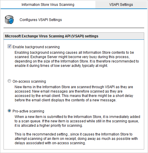 Screenshot 53: Configurações do VSAPI 3. (Opcional) Selecione Enable background scanning para executar a Information Store Scanning em segundo plano.