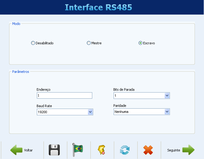 CONFIGURAÇÃO DA INTERFACE RS485 A próxima tela de configuração é a de Interface RS485.