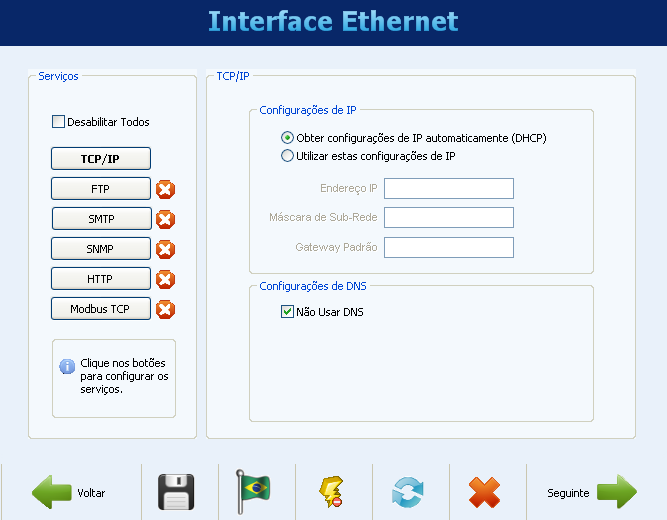 CONFIGURAÇÃO DA INTERFACE ETHERNET TCP/P Uma vez habilitada, os botões à esquerda permitem habilitar e configurar cada um dos serviços disponíveis nesta interface.