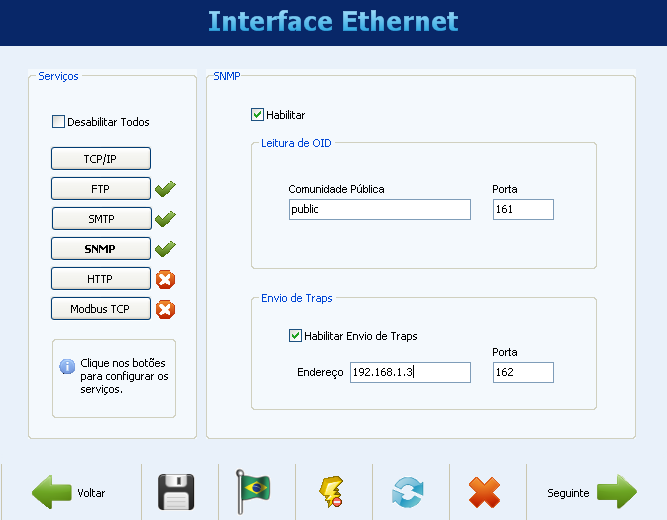 CONFIGURAÇÃO DA INTERFACE ETHERNET SNMP O protocolo SNMP pode ser habilitado e configurado clicando-se no botão SNMP. Apenas leituras podem ser efetuadas via SNMP no FieldLogger.