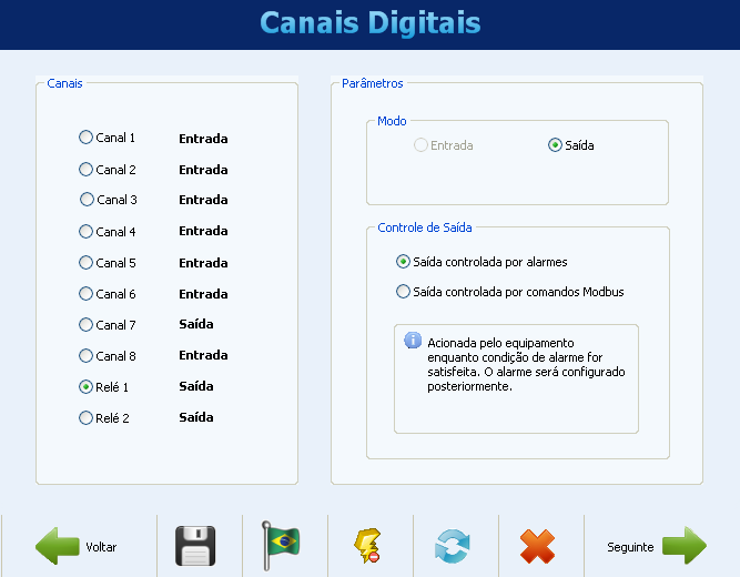 Quando configurado como saída, deve-se indicar se esta saída poderá ser acionada pelos alarmes do próprio FieldLogger ou se será controlada por comandos Modbus externos, provenientes de um CLP ou de