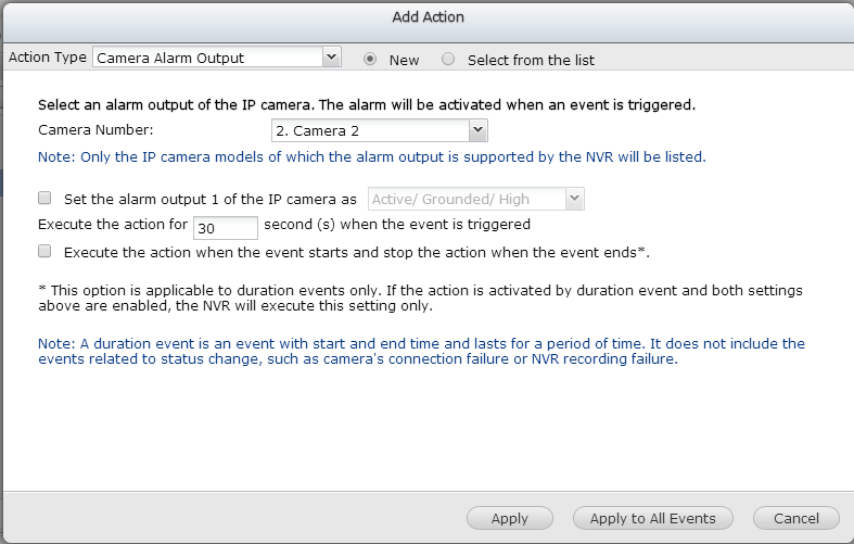 3. Saída de alarme Selecione para ativar o dispositivo de alarme conectado à câmera IP quando um evento é disparado. As seguintes opções estão disponíveis: A.