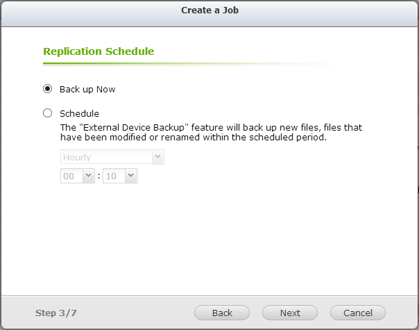 Selecionar entre backup imediato e backup agendado. As opções são: A. Backup Agora: Copiar imediatamente arquivos que são diferentes da pasta fonte para a pasta alvo. B. Programação: Copia arquivos que são novos, alterados, e renomeados na pasta fonte para a pasta alvo de acordo com a agenda.